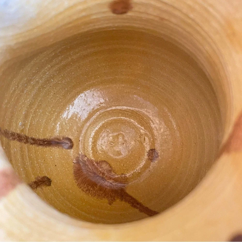 Handmade Studio PLUMPOTTERY G Yellow Brown‎ Glaze Stoneware Pottery Pitcher Jug